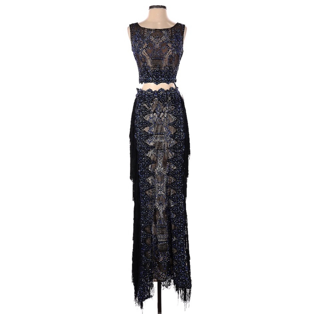 Vienna Prom Blue Black Rhinestone Embellished 2-piece Eyelash Lace Prom gown